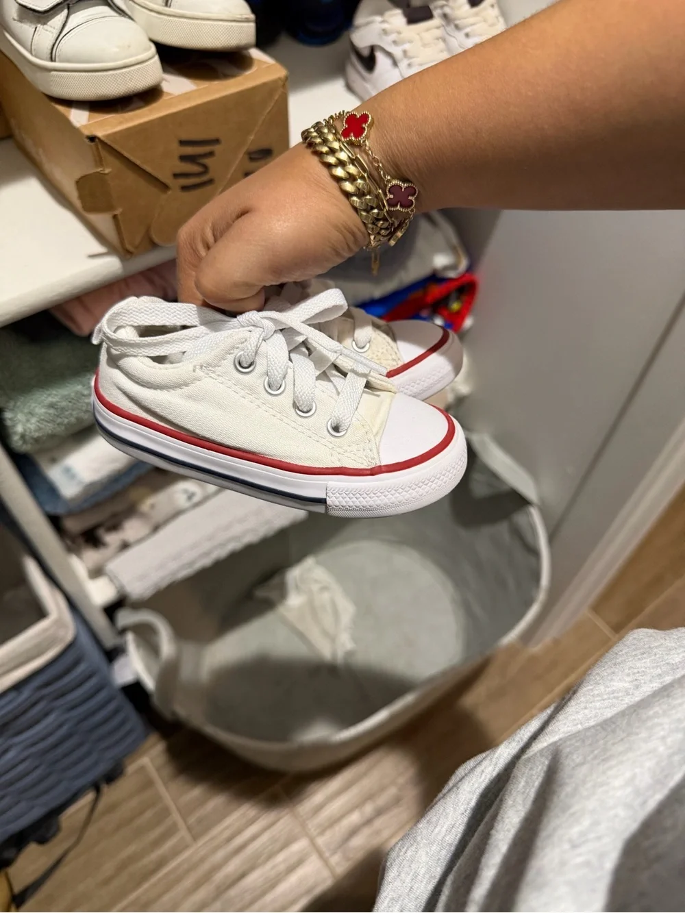 Converse White Low-Top Canvas Sneakers with Red & Blue Stripe